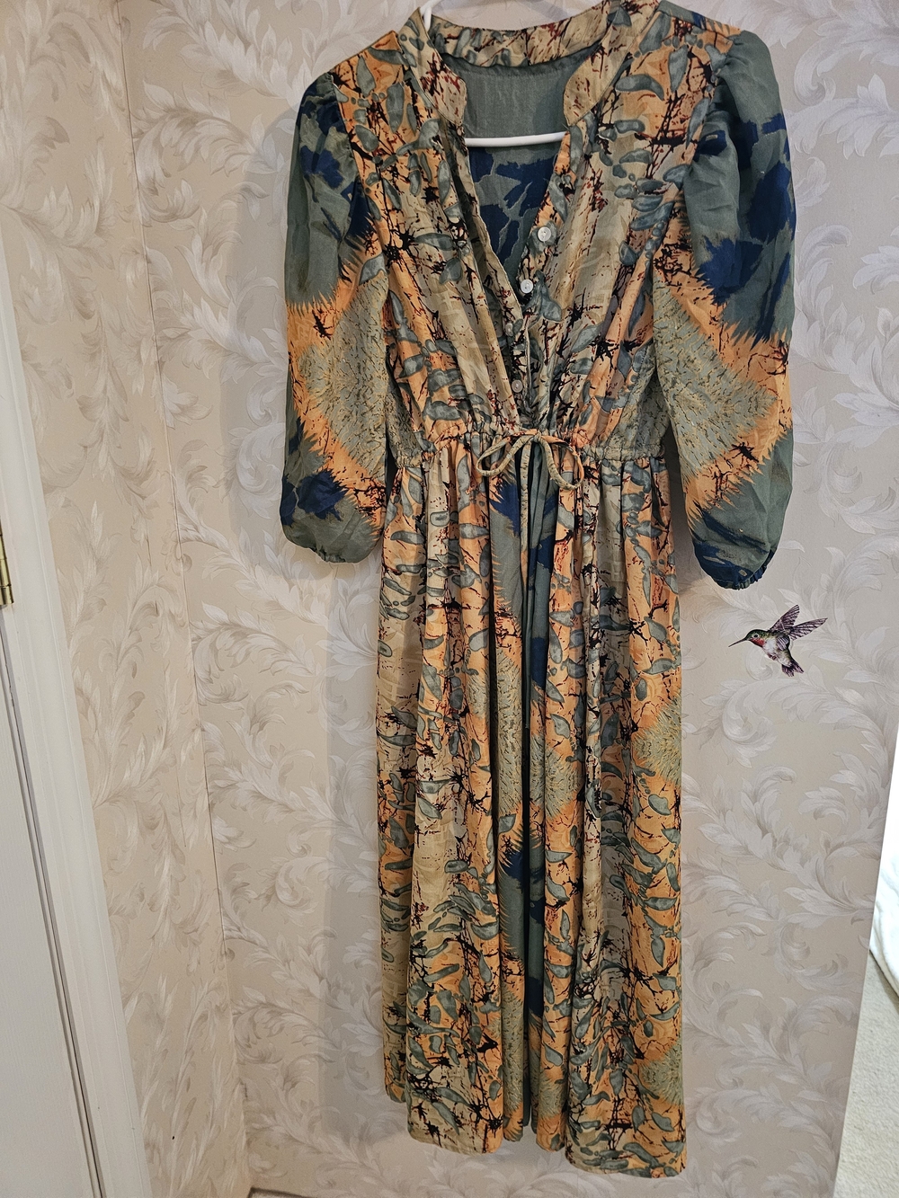 Green & Orange Floral Tie-Front Maxi Dress